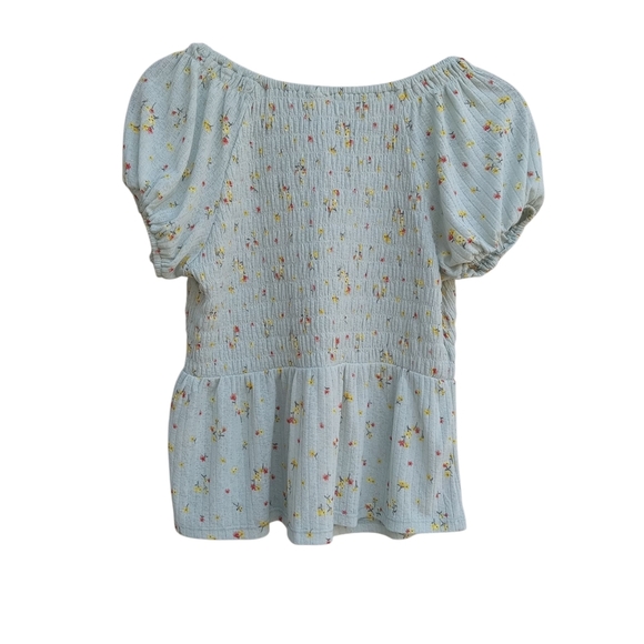 Mint Green Babydoll Floral Top Evolutionary Apparel Puff Sleeve V-Neck Size M - Picture 2 of 9